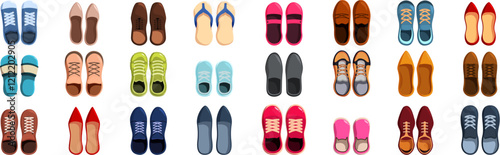 Shoes top view icons set. Collection of shoes viewed from above, showcasing a variety of styles for different occasions and activities