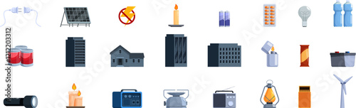 Blackout icons set. Essential supplies for power outage, ensuring safety and preparedness during emergencies