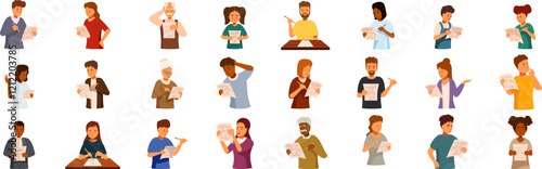 Solving crossword icons set. Diverse group of people engaging in reading, writing, form filling, and test taking activities