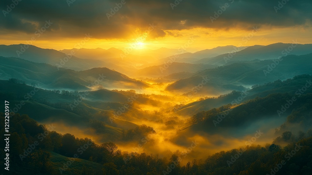 Obraz premium Ecommerce shopping basket at sunrise over serene hills nature landscape tranquil environment aerial view