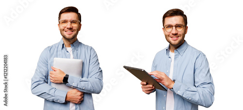Man in casual attire smiles while holding a laptop and a tablet in a minimalistic setting