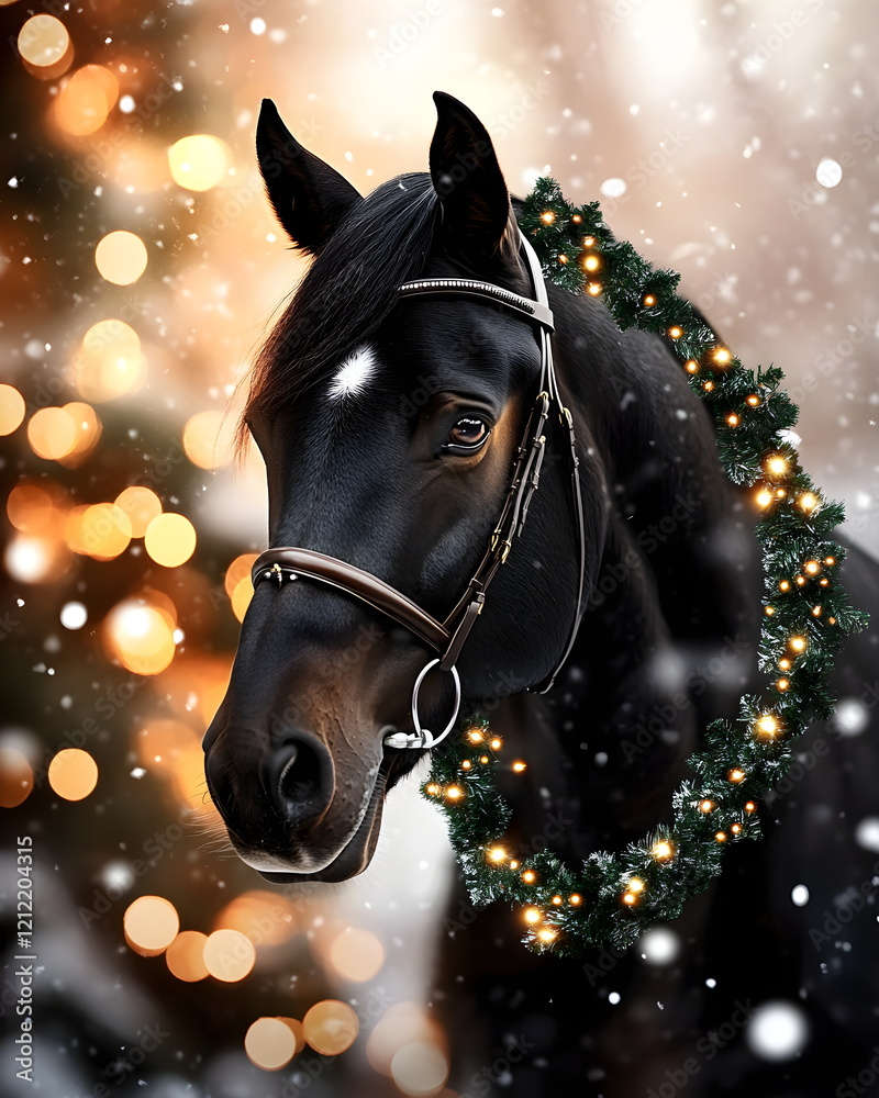 Obraz premium Portrait of a bay horse against the background of Christmas lights, the black horse is the symbol of the Chinese New Year in 2026.