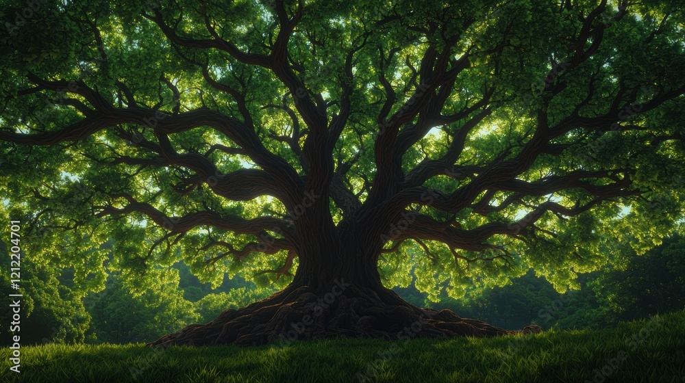 Majestic Ancient Tree with Lush Green Canopy and Exposed Roots Majestic Ancient Tree with Lush Green Canopy and Exposed Roots