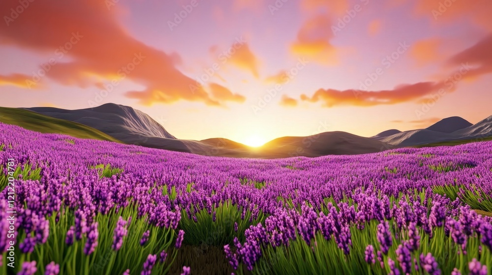 Obraz premium Lavender Field at Sunrise with Majestic Mountain Backdrop