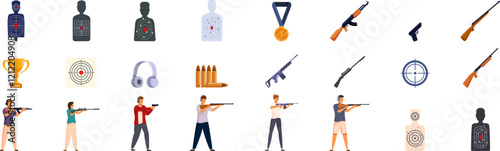 Human shooting range icons set. Shooters aiming and firing rifles and guns at targets on a shooting range, along with icons representing shooting sports, competition, and equipment