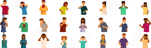 People flu symptoms icons set. Large group of diverse people experiencing various cold, flu, or infection symptoms like coughing, sneezing, headache, and fever