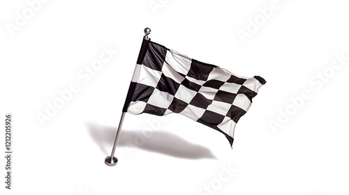 Checkered flag waving on pole against white background, ideal for motorsport visuals photo