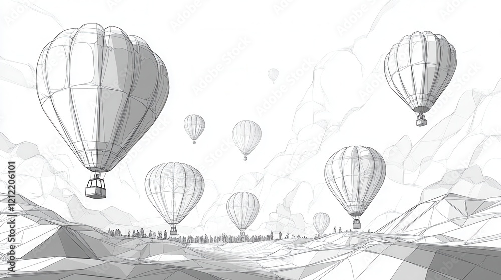 Obraz premium Hot Air Balloon Festival Sketch, vibrant balloons soaring in the sky, whimsical design, celebration of color and joy, enchanting atmosphere