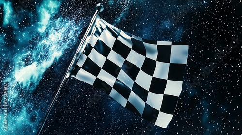 Checkered flag waving in space, symbolizing cosmic racing or finish line photo