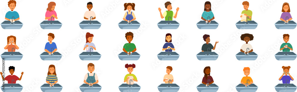 Kids washing hands icons set. Children diligently washing their hands, emphasizing the importance of hand hygiene for health and well being Kids washing hands icons set. Children diligently washing their hands, emphasizing the importance of hand hygiene for health and well being