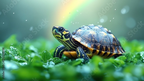 A vibrant turtle exploring lush green foliage under a soft rainbow in a serene natural setting