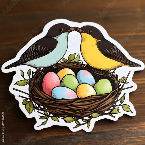 Colorful sticker design featuring birds crafting a nest filled with Easter eggs photo