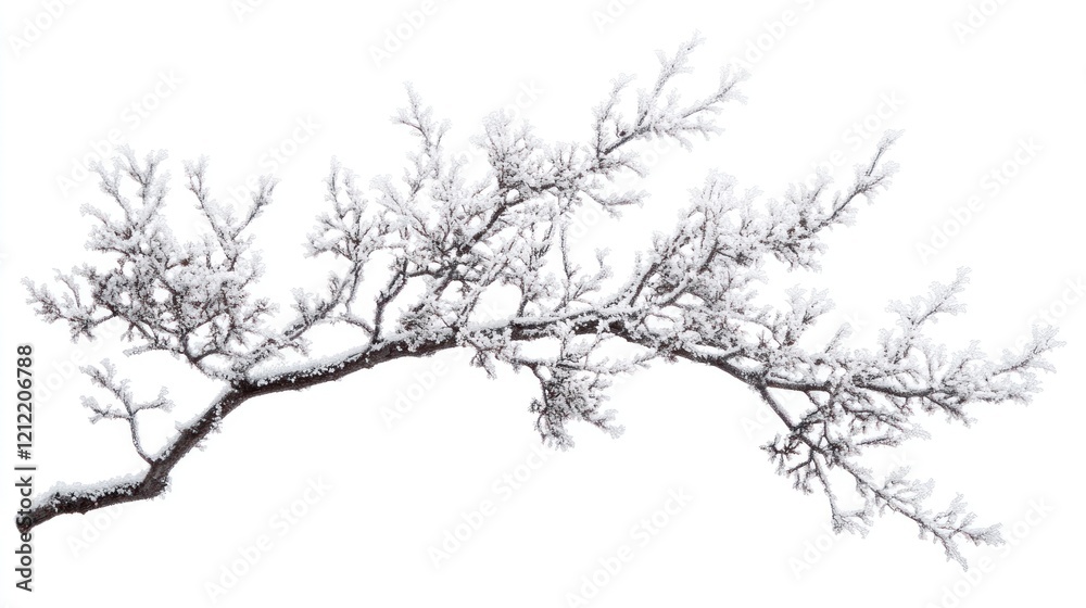 Obraz premium Winter tree branch covered in frost, highlighting seasonal beauty, on a solid white background, single focus.