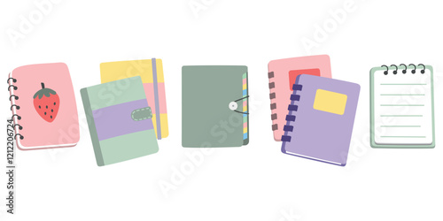 A set of colorful and stylish notepads and planners, ideal for educational, creative or organizational themes