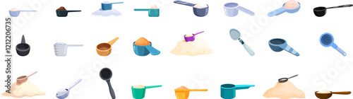 Measuring scoop icons set. Various colorful scoops and spoons are filled with powders, offering a visual representation of measuring ingredients for nutrition, health, and fitness