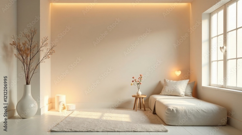 Fototapeta premium Serene Minimalist Bedroom Interior Design Featuring a Simple Daybed, Soft Lighting, and Natural Decor Accents