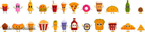 Psychedelic fast food icons set. Cartoon characters representing various foods and drinks are posing with small arms and legs