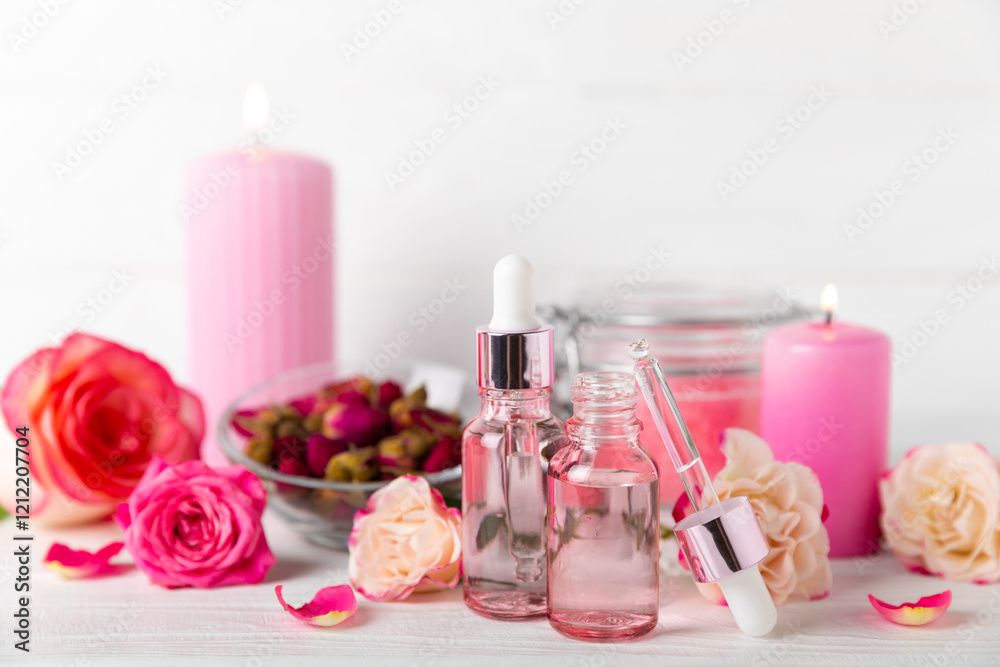Rose essential oil on a textured background.Roses and a bottle of rose perfumed water.Aromatherapy treatment. Beauty concept. Spa procedure.Natural organic oil.Anti-stress,detox relax.Place for text Rose essential oil on a textured background.Roses and a bottle of rose perfumed water.Aromatherapy treatment. Beauty concept. Spa procedure.Natural organic oil.Anti-stress,detox relax.Place for text