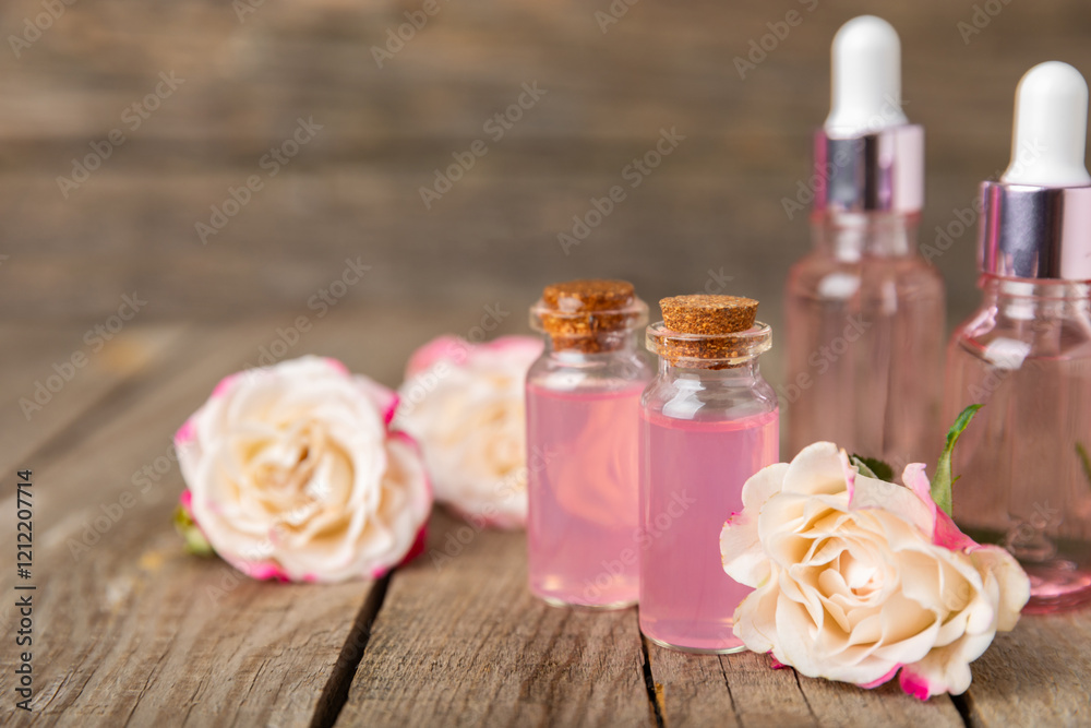 Rose essential oil on a textured background.Roses and a bottle of rose perfumed water.Aromatherapy treatment. Beauty concept. Spa procedure.Natural organic oil.Anti-stress,detox relax.Place for text Rose essential oil on a textured background.Roses and a bottle of rose perfumed water.Aromatherapy treatment. Beauty concept. Spa procedure.Natural organic oil.Anti-stress,detox relax.Place for text