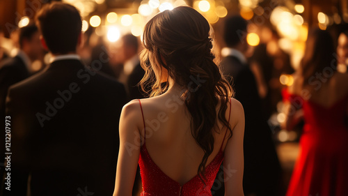 A beautiful woman in a red dress  facing away from the camera at an elegant party event with other guests wearing formal attire. The scene is captured using cinematic lighting and high resolution. Ai 