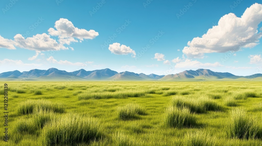 Lush Green Field Under Blue Sky with Fluffy Clouds and Mountains Lush Green Field Under Blue Sky with Fluffy Clouds and Mountains