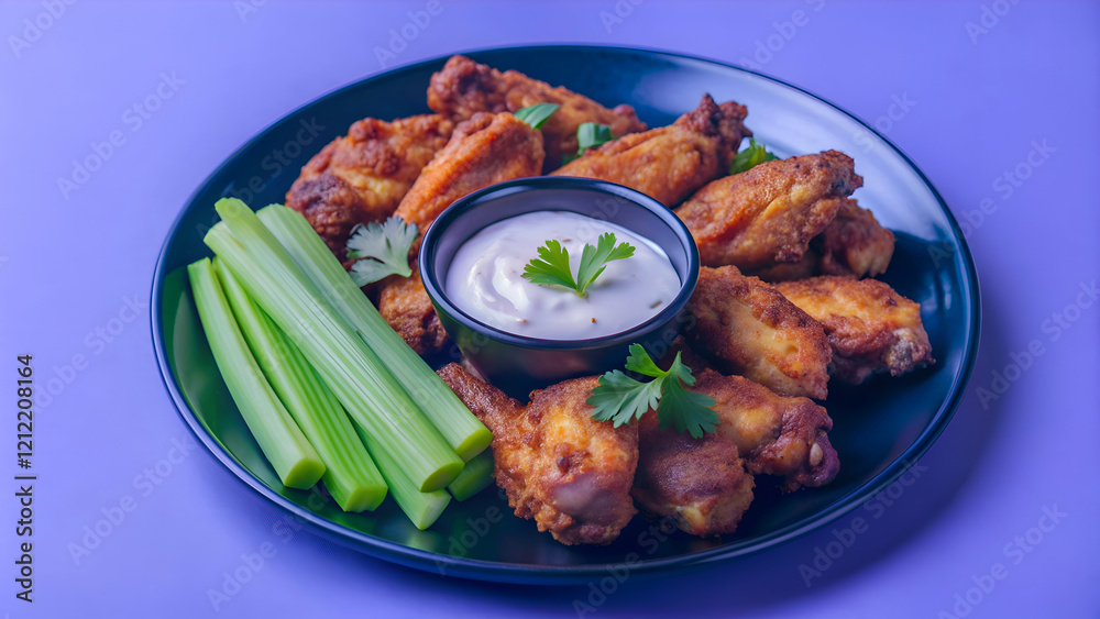 Fototapeta premium Crispy Chicken Wings with Ranch Dip and Celery Sticks