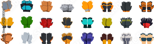 Construction gloves icons set. Collection of various gloves offering hand protection for different activities, showcasing diverse styles and colors