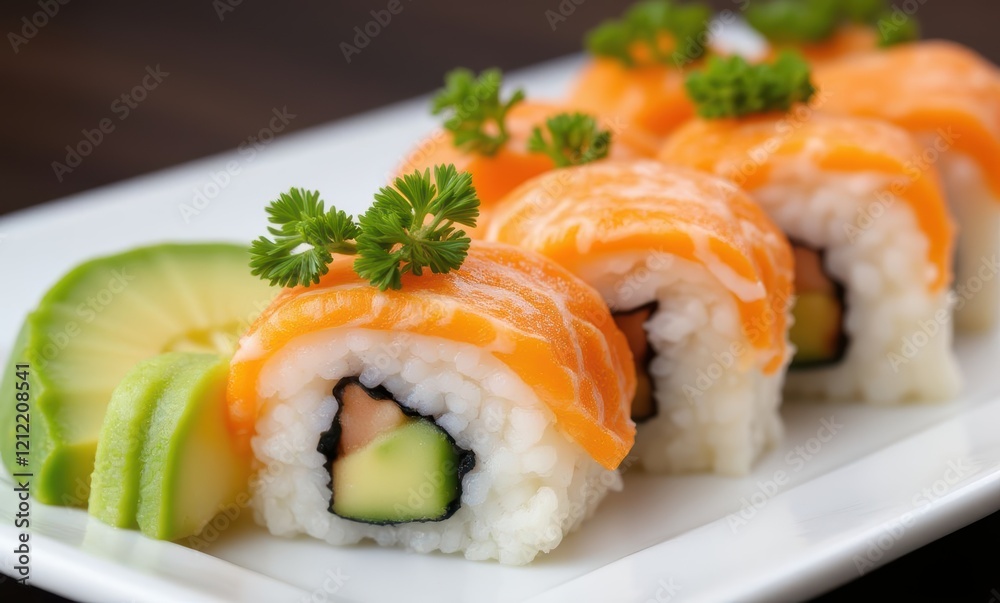 Delicious sushi rolls with salmon and avocado Delicious sushi rolls with salmon and avocado