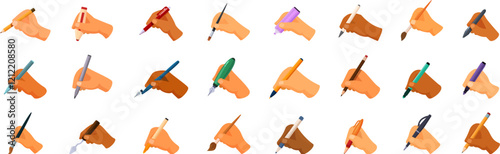 Writing tool hand icons set. Hands holding various writing and drawing tools including pens, pencils, brushes, and markers, symbolizing creativity, art, writing, and design