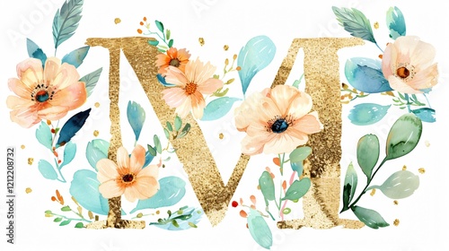 Elegant Floral Alphabet Letter M with Watercolor Flowers for Creative Designs