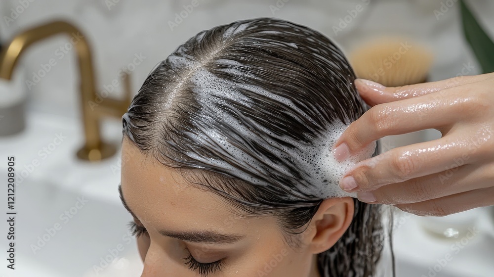 Naklejka premium Woman Applying Shampoo to Hair in Modern Bathroom Sink with Gold Fixtures and Clean Design