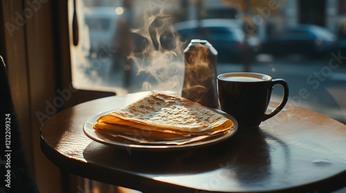 Enjoying warm crepes and coffee on Candlemas in a cozy cafe setting