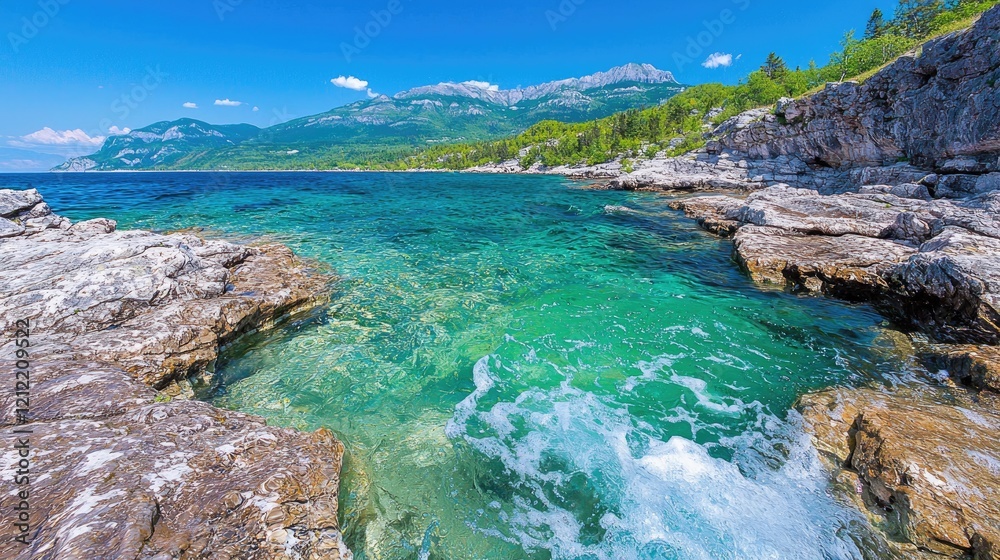 Fototapeta premium Coastal scene turquoise water, rocky shore, mountains. Ideal for travel brochures
