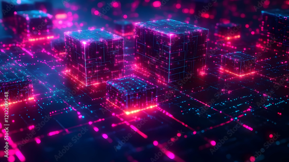 Glowing Cubes and Pink and Blue Neon Lights in Futuristic Digital Landscape