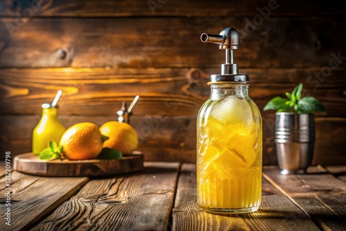 Classic Soda Siphon with Yellow Juice on Wooden Table - Vintage Drink Photography photo