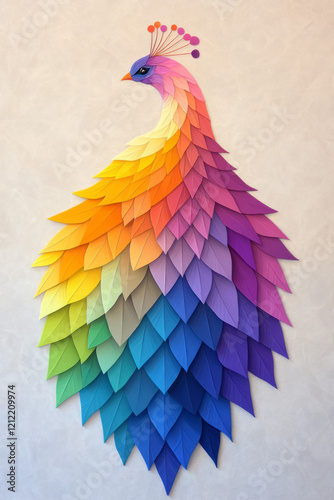 A vibrant abstract geometric peacock with intricate feather patterns using colorful triangles and spirals, showcasing beauty and pride,