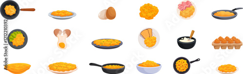 Scrambled eggs icons set. Various stages of cooking scrambled eggs, from raw ingredients to finished dishes, presented with kitchen utensils and serving suggestions