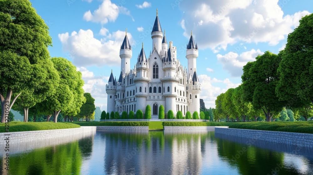 Majestic Fairy Tale Castle Surrounded by Lush Greenery and Water Majestic Fairy Tale Castle Surrounded by Lush Greenery and Water