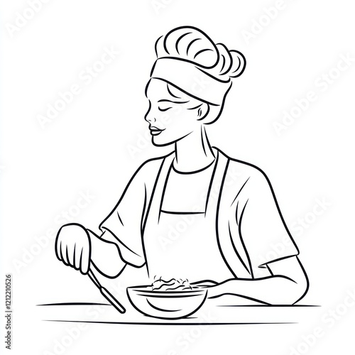 Chef preparing food, line art illustration, cooking photo