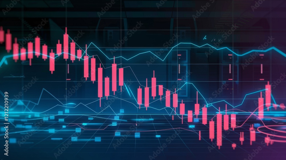 Naklejka premium Financial Data Fluctuating Dynamically Over Server Room Background.