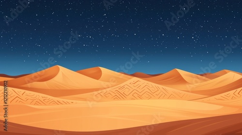 Starry Night over Sand Dunes with Ancient Carvings