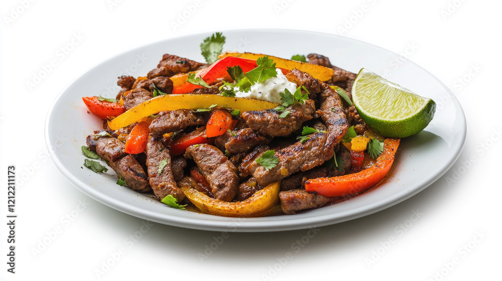 Stir-fried beef and colorful veggies on a white plate. Stir-fried beef and colorful veggies on a white plate.
