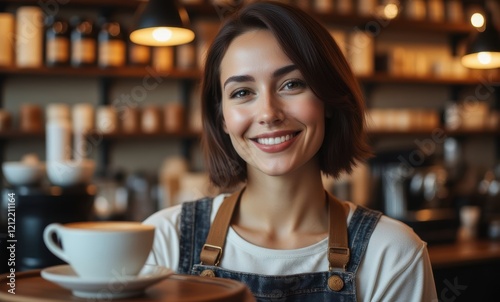 Cheerful woman serving coffee in caf  