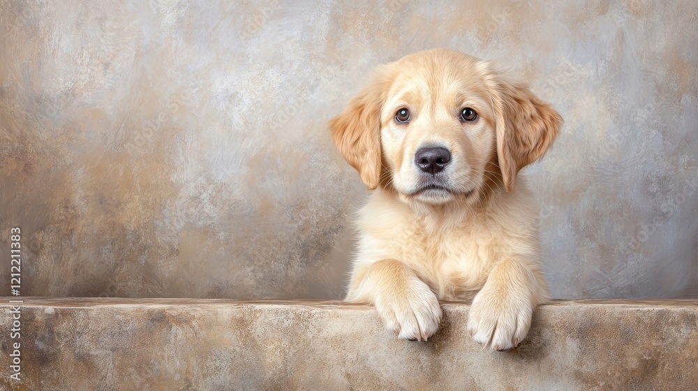 Cute Golden Retriever Puppy Smiling Against Soft Neutral Background Cute Golden Retriever Puppy Smiling Against Soft Neutral Background