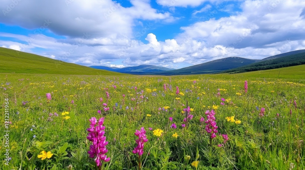 Vibrant Wildflower Meadow Under a Bright Blue Sky with Clouds Vibrant Wildflower Meadow Under a Bright Blue Sky with Clouds