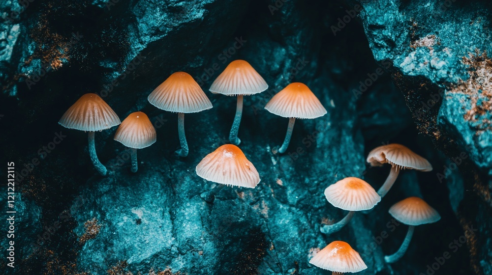 Cluster of small, orange mushrooms growing on a dark teal rock surface. Cluster of small, orange mushrooms growing on a dark teal rock surface.