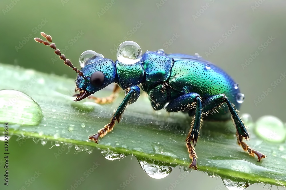 Naklejka premium A vibrant blue and green beetle with iridescent sheen perched on a green leaf covered in dew drops, showcasing the intricate details and vibrant colors of nature.