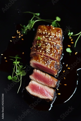 A seared tuna steak glazed with soy-based sauce, sprinkled with sesame seeds, and garnished with microgreens, arranged on a black plate for a sophisticated presentation. Generative AI.