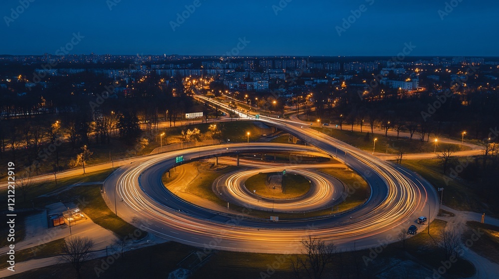 Night aerial view of a spiral highway interchange with light trails. Night aerial view of a spiral highway interchange with light trails.