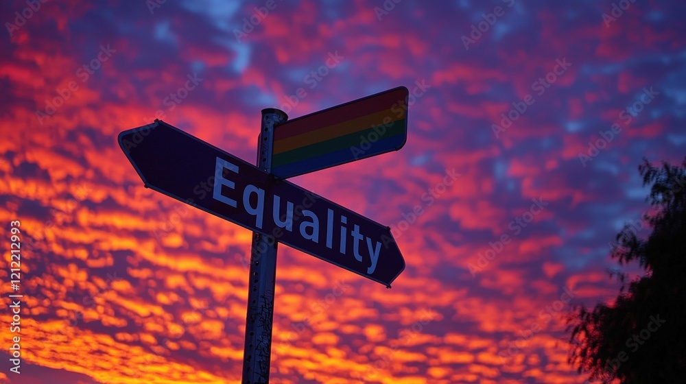 Vibrant Sunset Clouds Behind Equality Sign with Rainbow Colors in Sky Vibrant Sunset Clouds Behind Equality Sign with Rainbow Colors in Sky
